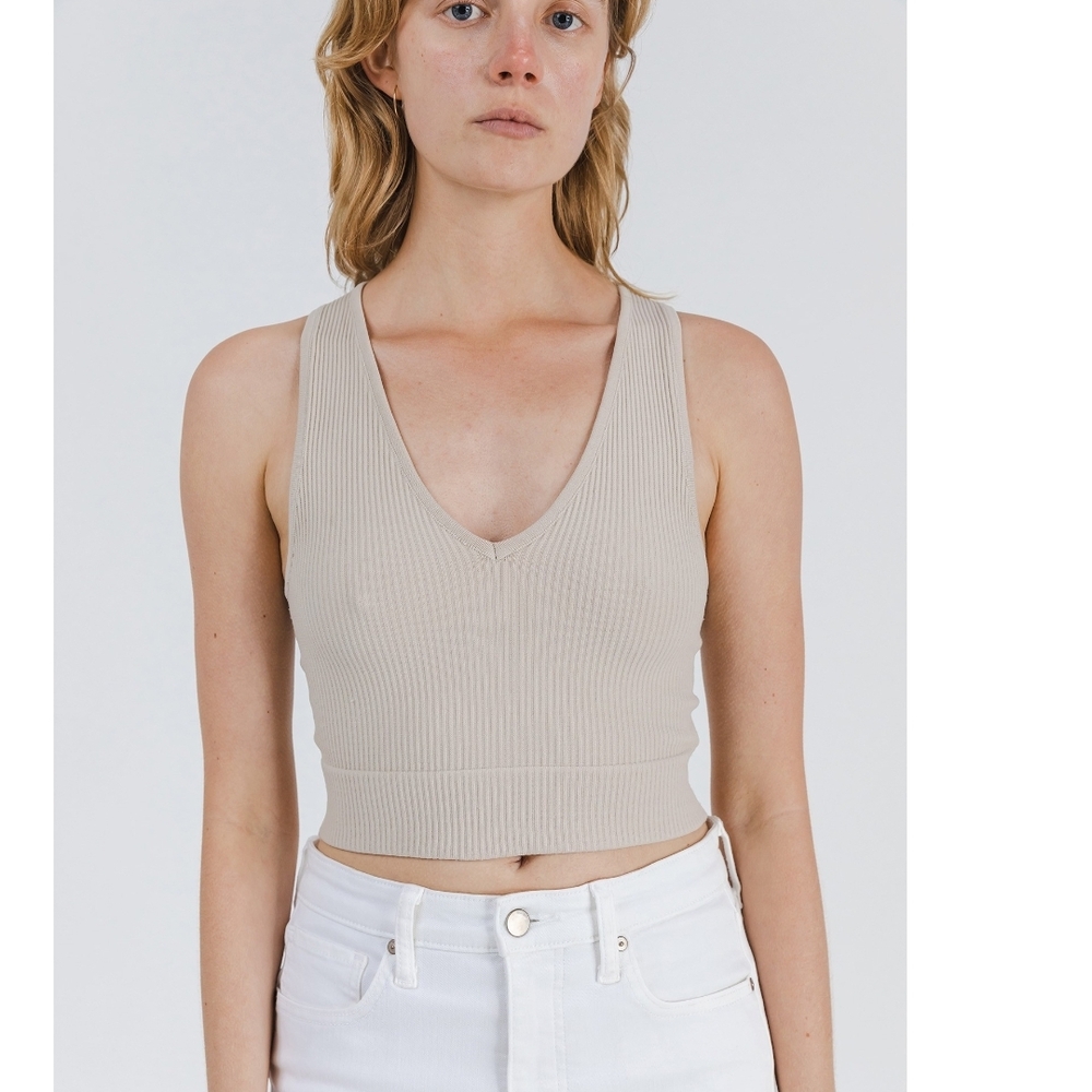 Mod Ref, Beige Ribbed V-Neck Crop Top